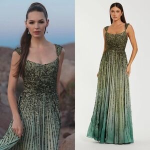 NWT Mac Duggal Green Sleeveless Sequin A Line Ombre Gown $698 - Size 6